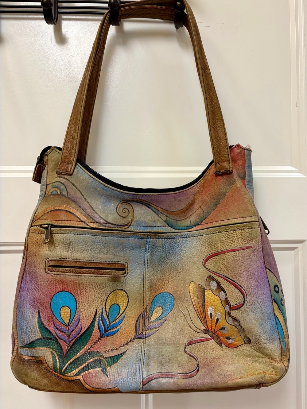 Hand-Painted leather Floral & Peacock Feather Shoulder Bag in Multicolor